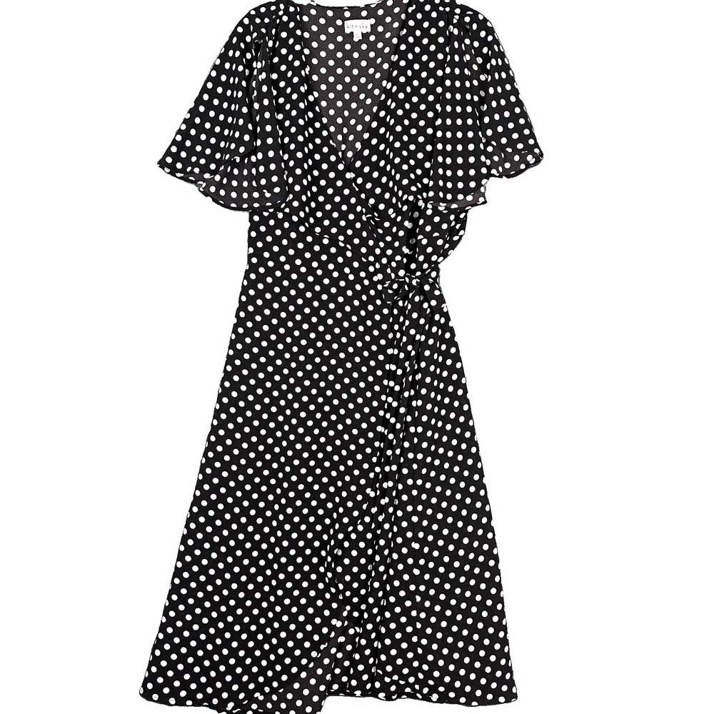 kit + sky L Black White Polka Dot Wrap Midi Dress V-Neck Flutter Sleeve Tie
